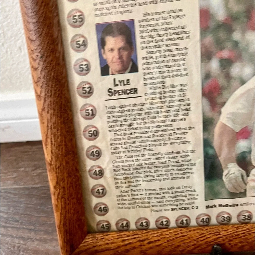 Framed Baseball Newspaper Article in Brown Frame Mark McGuire 13/16 inch